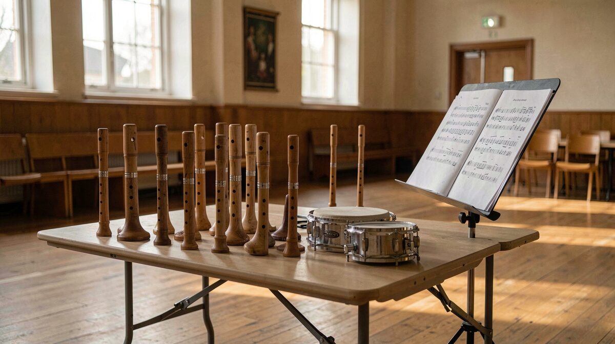 A row of practice chanters and a snare drum pad on a folding table in a school hall, sheet music propped against a music stand, late afternoon light through tall windows.