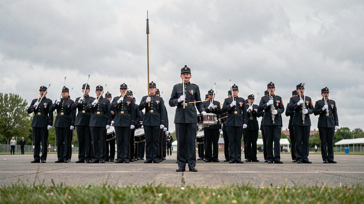A pipe band in dark tunics stands in three ranks on a flat parade ground under an overcast sky, a drum major with a vertical mace slightly forward of the front rank, photographed from a low angle with the grass in the bottom third of the frame.