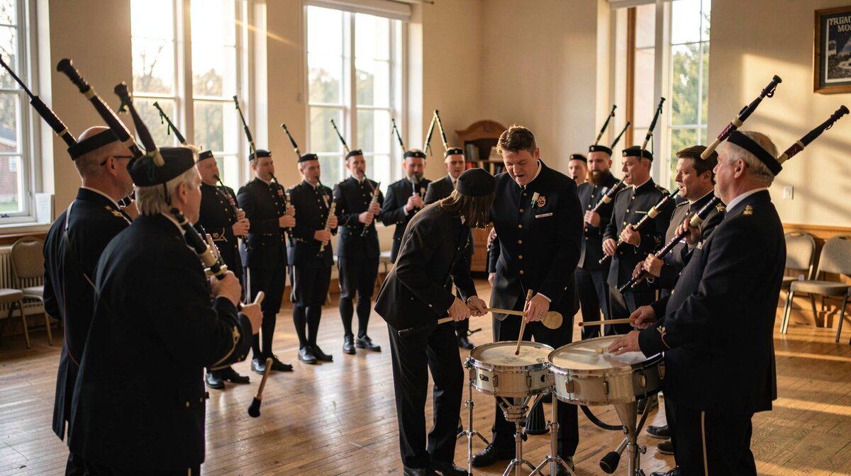 A pipe band rehearsing in a circle inside a community hall, chanters and drones raised, a pipe major leaning toward a tenor drummer, late afternoon light through tall windows.
